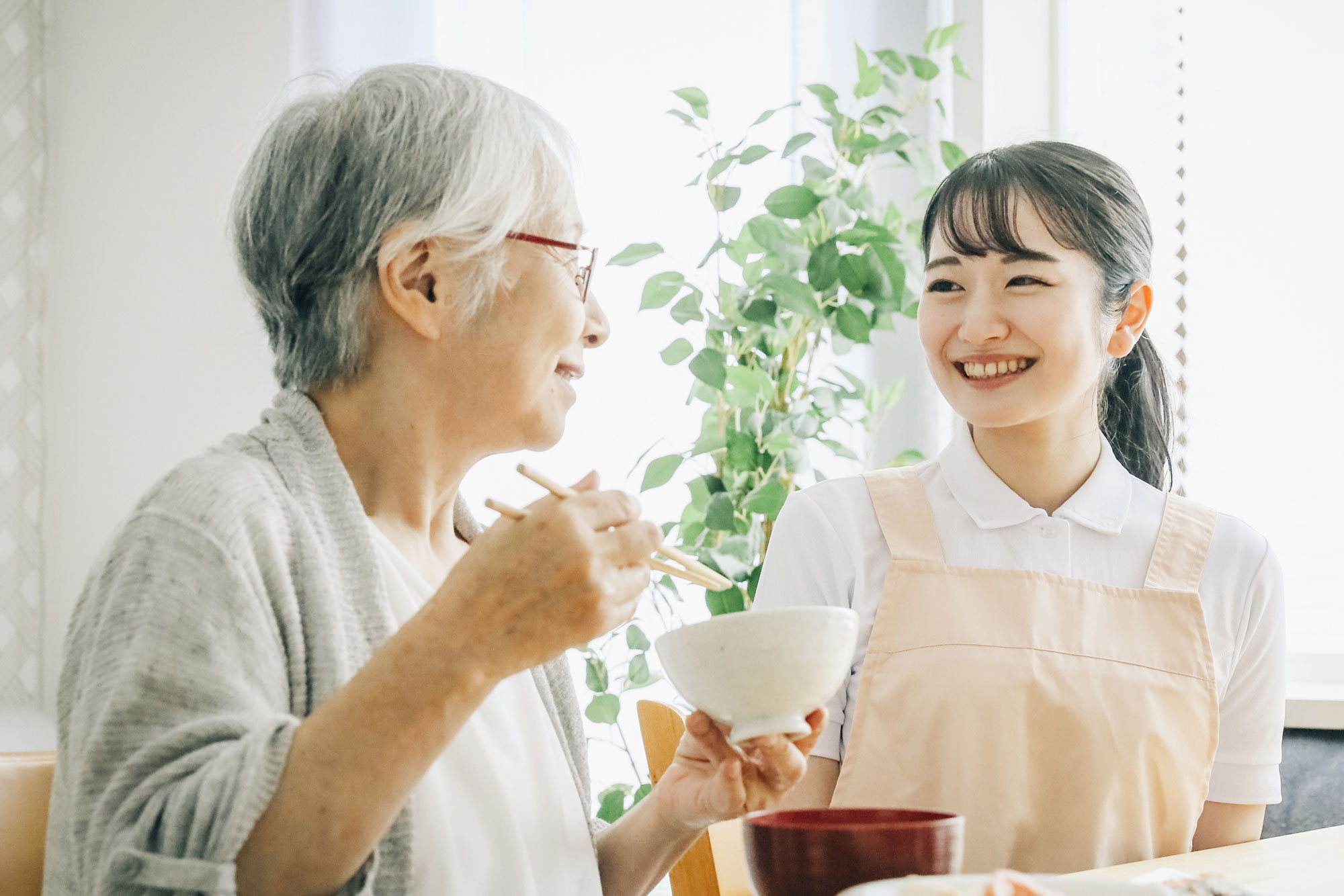 車椅子の高齢者と笑顔で話す介護士